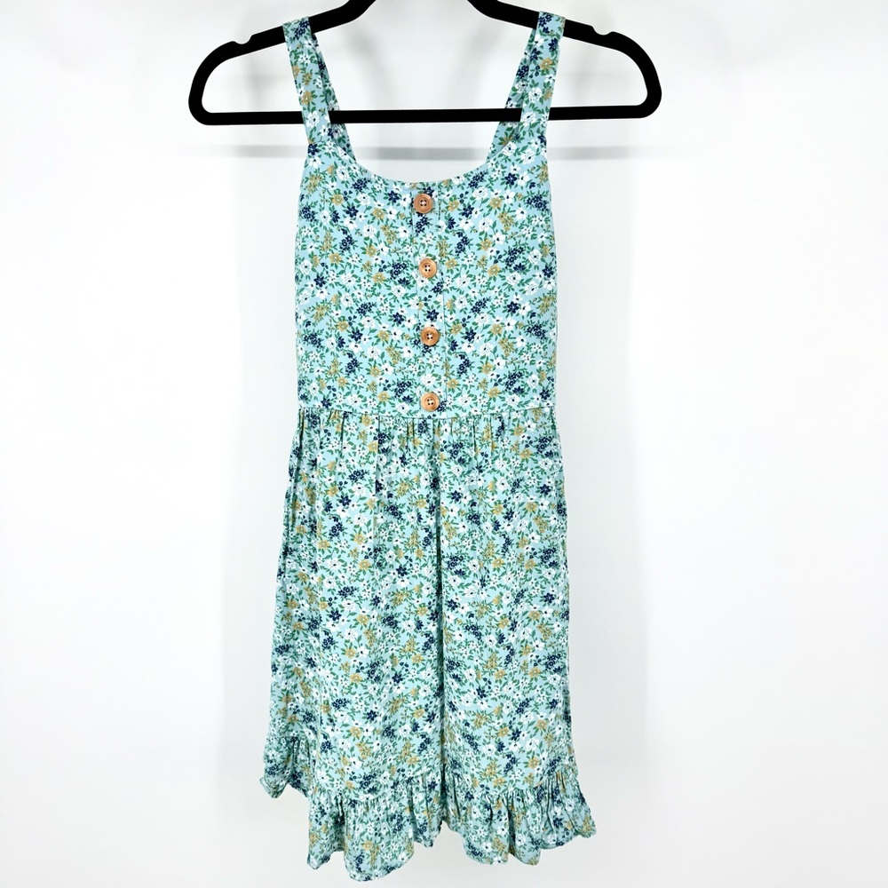 Zunie Lined Blue Floral Sun Dress with Wooden Button Viscose Girls Large 14 / 16